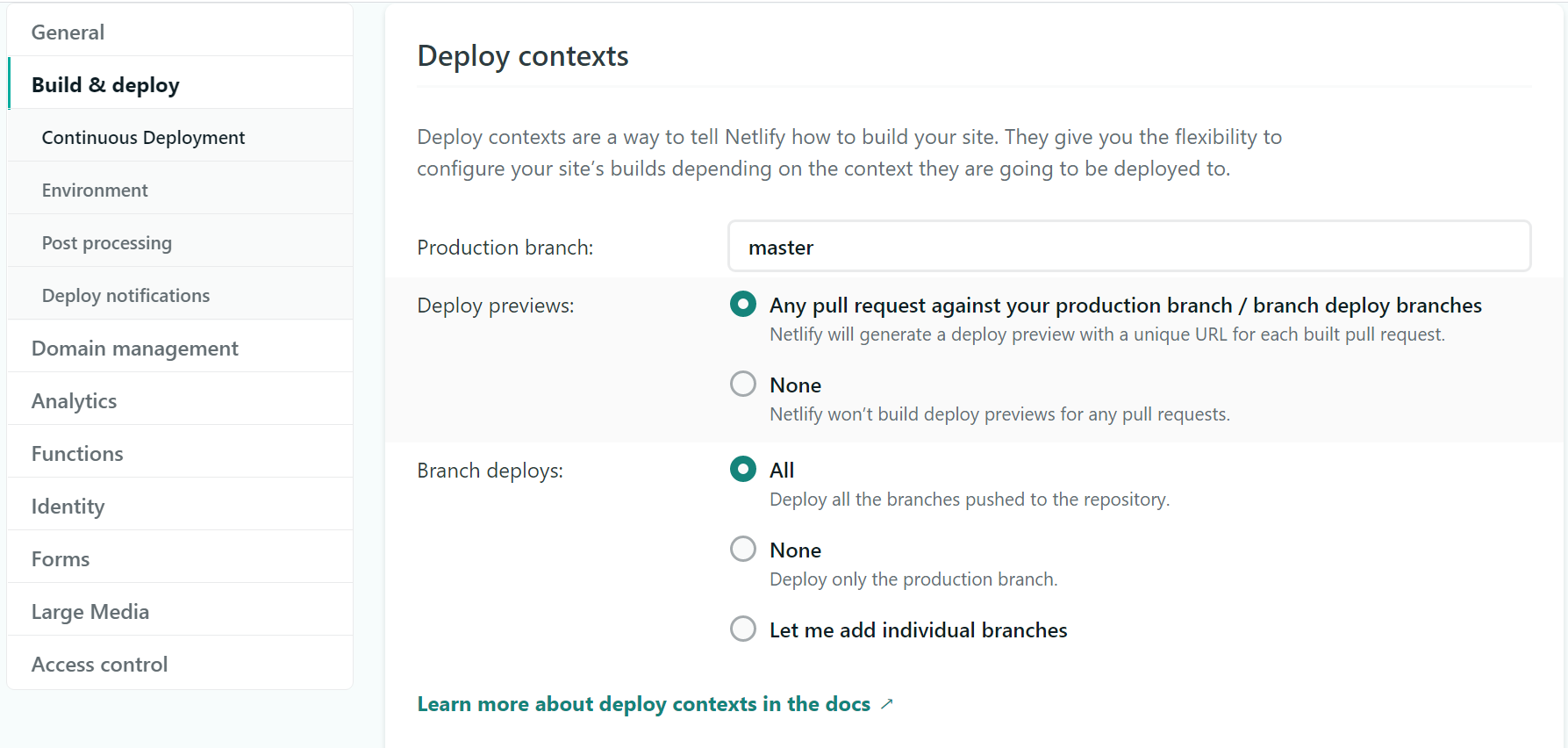 Screenshot of Netlifly settings with Deploy previews set to "Any pull request...".