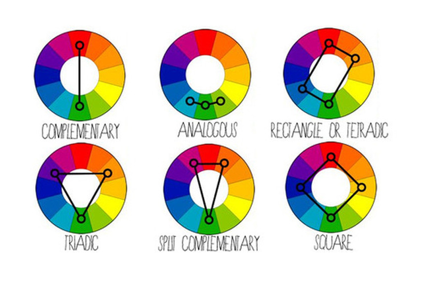 Six wheels each split into 12 equal segments of different colours, equally spaced round the colour wheel. Each wheel highlights two, three or four of these colours that look harmonious together.