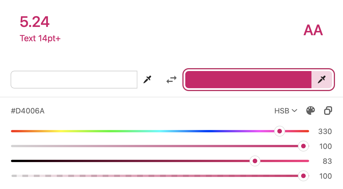 Comparing my pink and white in the ColorSlurp app shows a contrast of 5.24 for text 14pt+, passing the WCAG AA standard. Sliders below show that the colour can be adjusted.