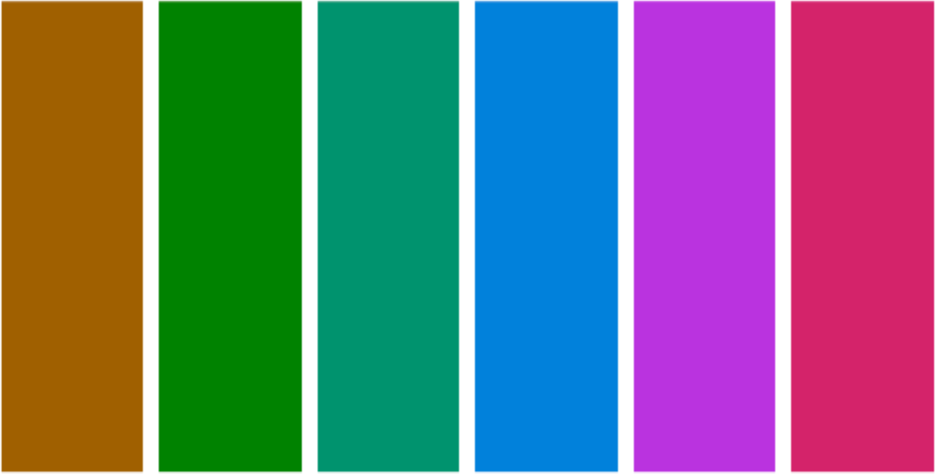 A swatch of six colours in the HCL space, a brown, two greens, a blue, magenta, and my pink