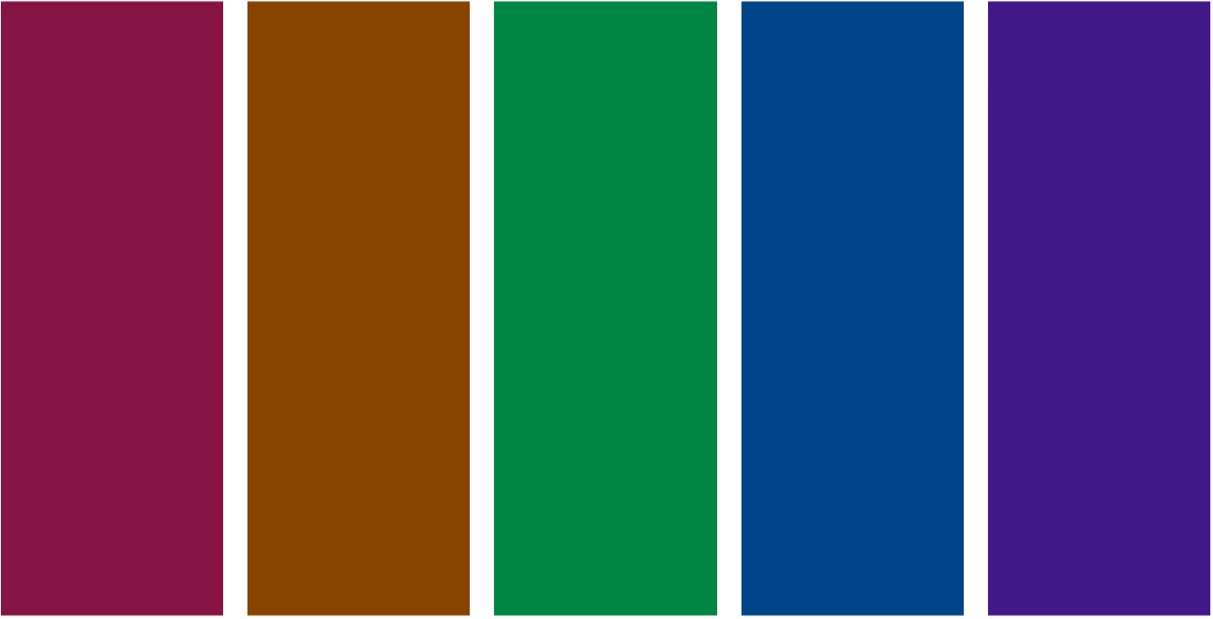 A swatch of five colours, less bright versions of all five colours in the original palette.
